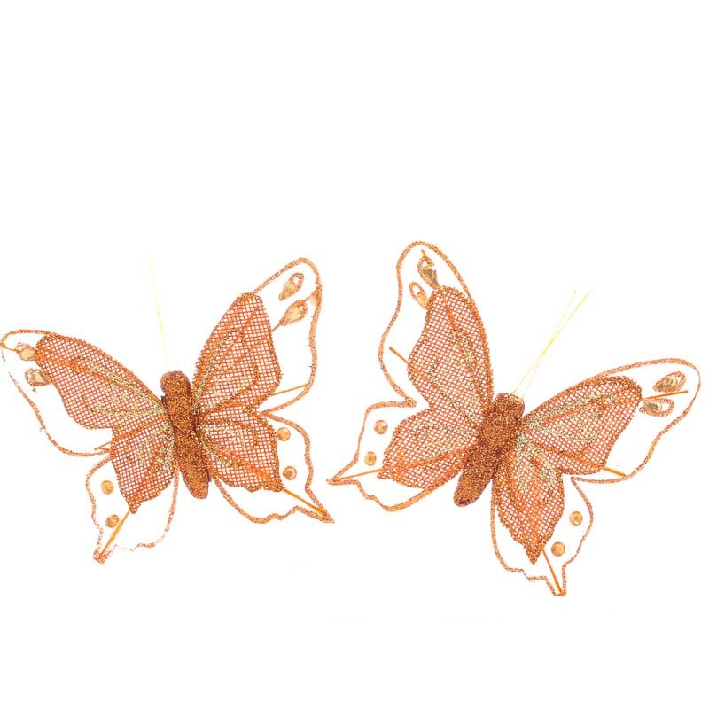 12 Orange Sparkling Glitter & Rhinestone Burlap Artificial 5-1/4″ Butterflies