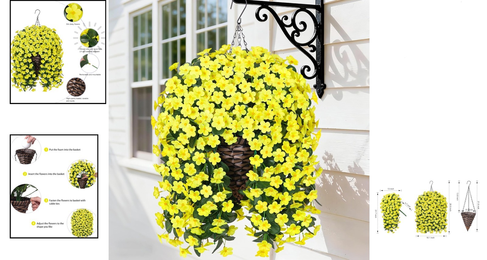 UV Resistant Faux Silk Yellow Daisy Hanging Plant Basket for -Round Decor
