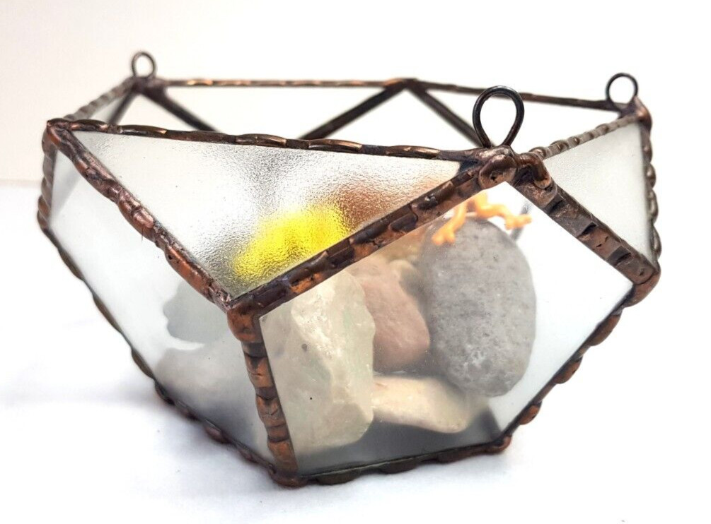 Stained Glass Dodecahedron Terrarium With 3 hooks with Copper Frame, Home Decor