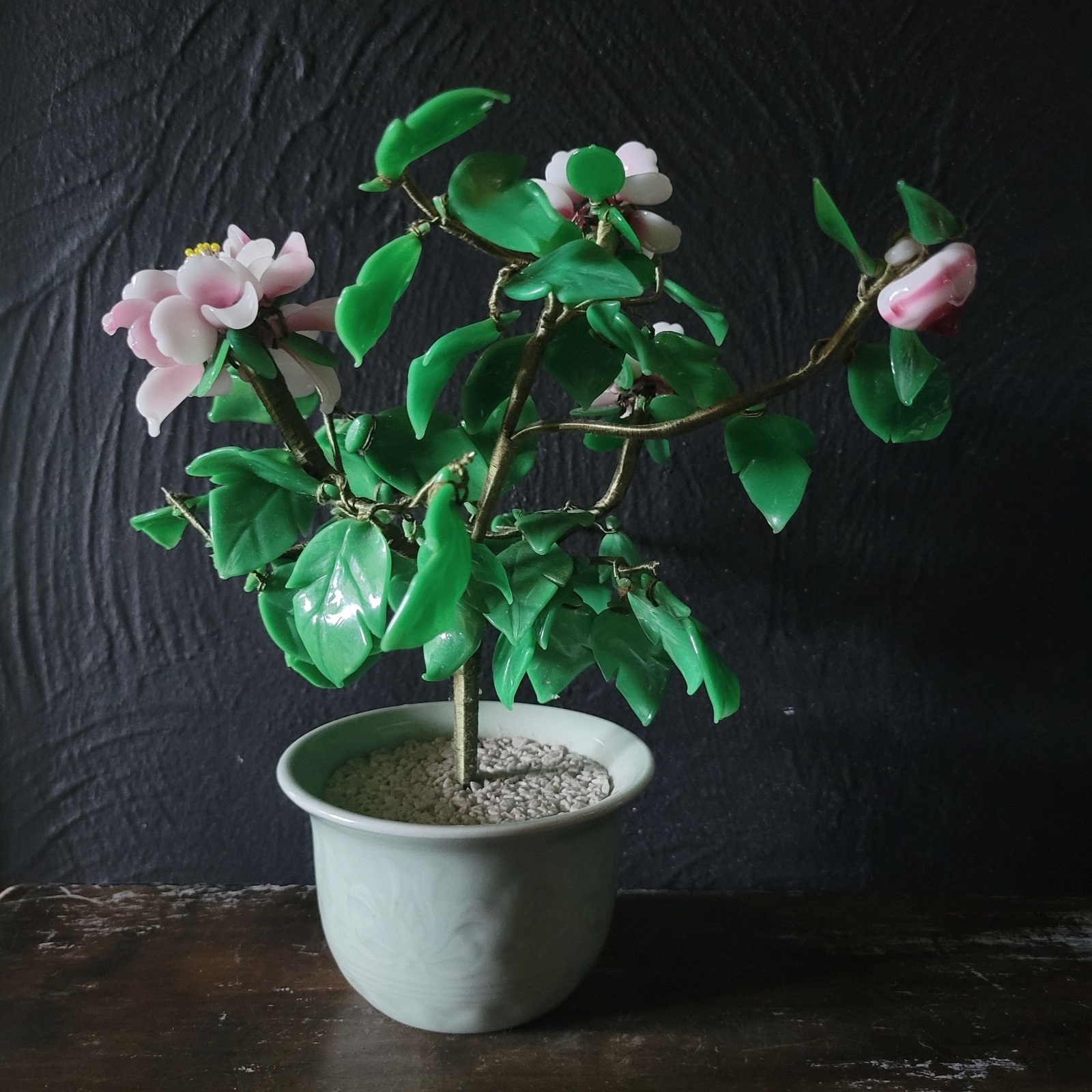 Vtg Glass Pink Flower Bonsai In Celadon Pot, Chinoiserie Flower, Asian 9 Inches