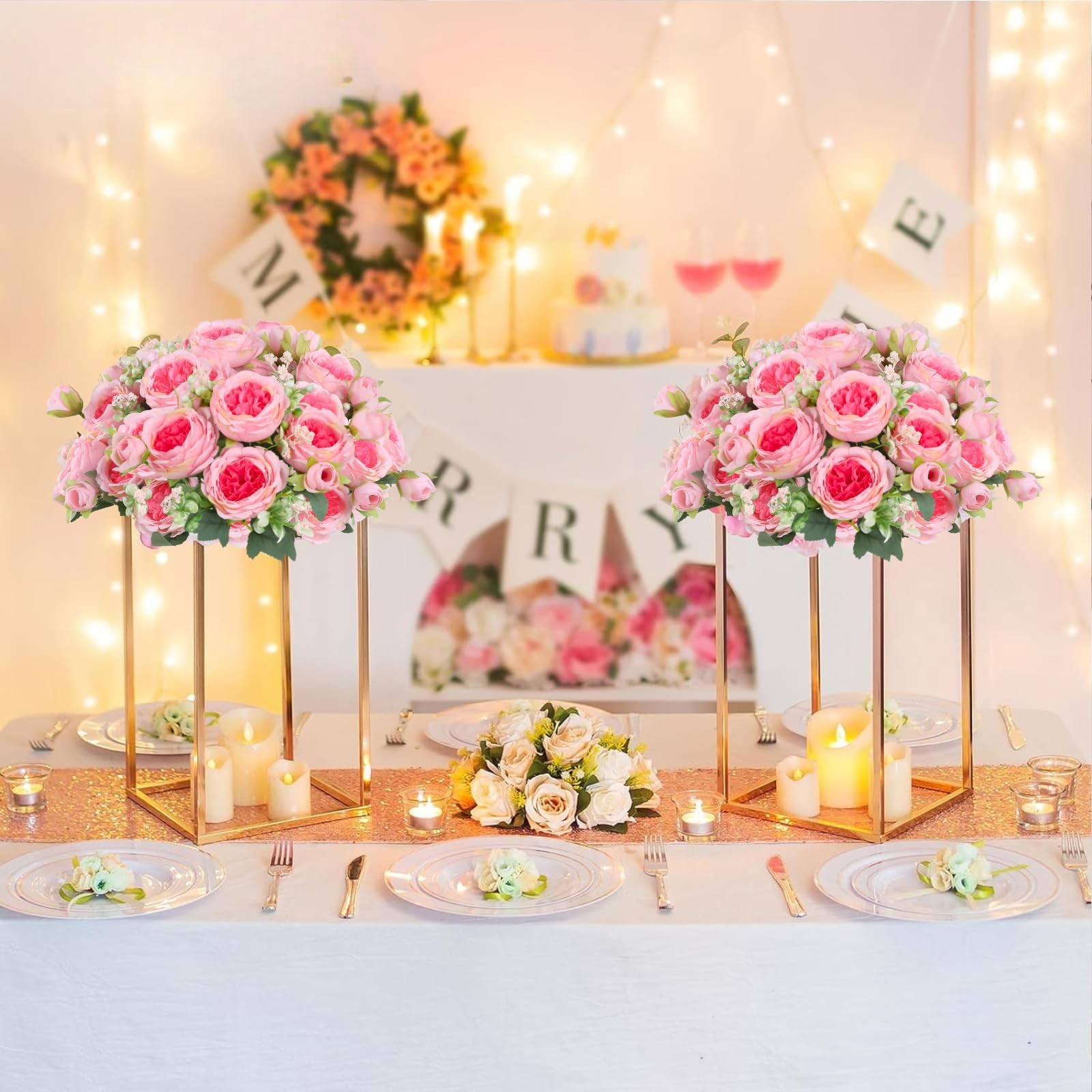 8 PCS Artificial Flowers Peonies Silk Fake Bouquet Pink Faux Floral Wedding