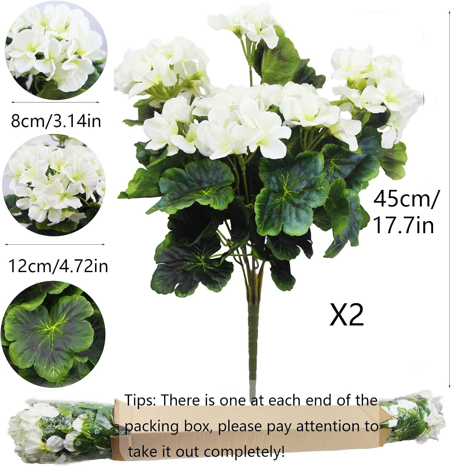 2 Pcs Artificial Geraniums for Outdoors Silk Cemetery Flowers White Faux Flowers
