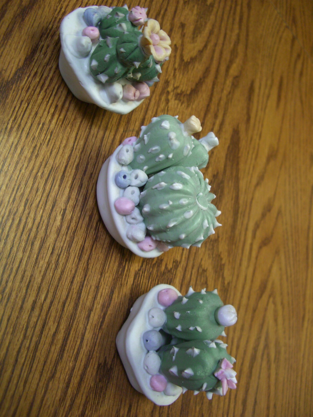 3 Cactus Plants//Small Multi-color Pastel Ceramic Floral Figurines