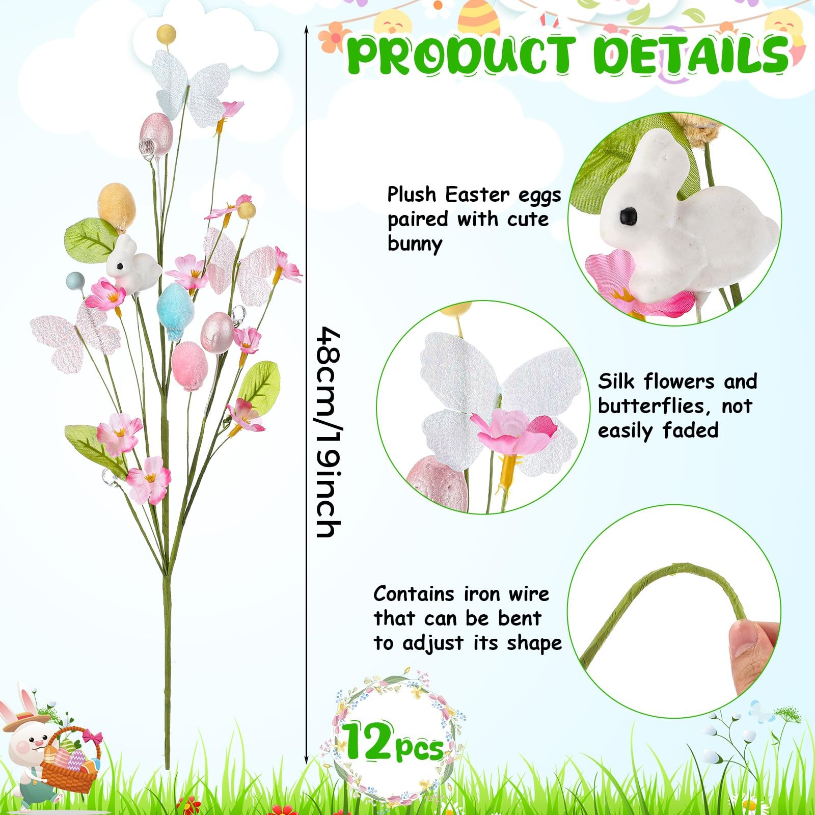12 Pcs Artificial Easter Bunny Picks Stems Spring Floral Tree Branches with E…