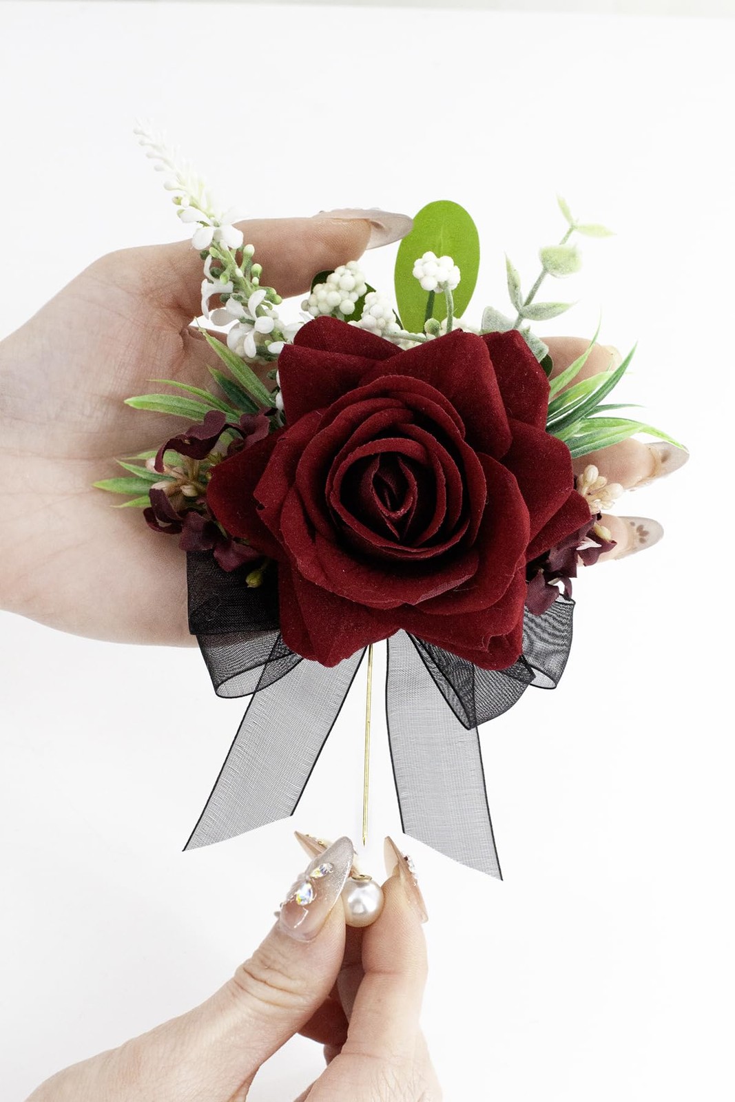 2 PCS Burgundy Black Rose Wrist Corsage Boutonniere Set Wedding Prom Flowers
