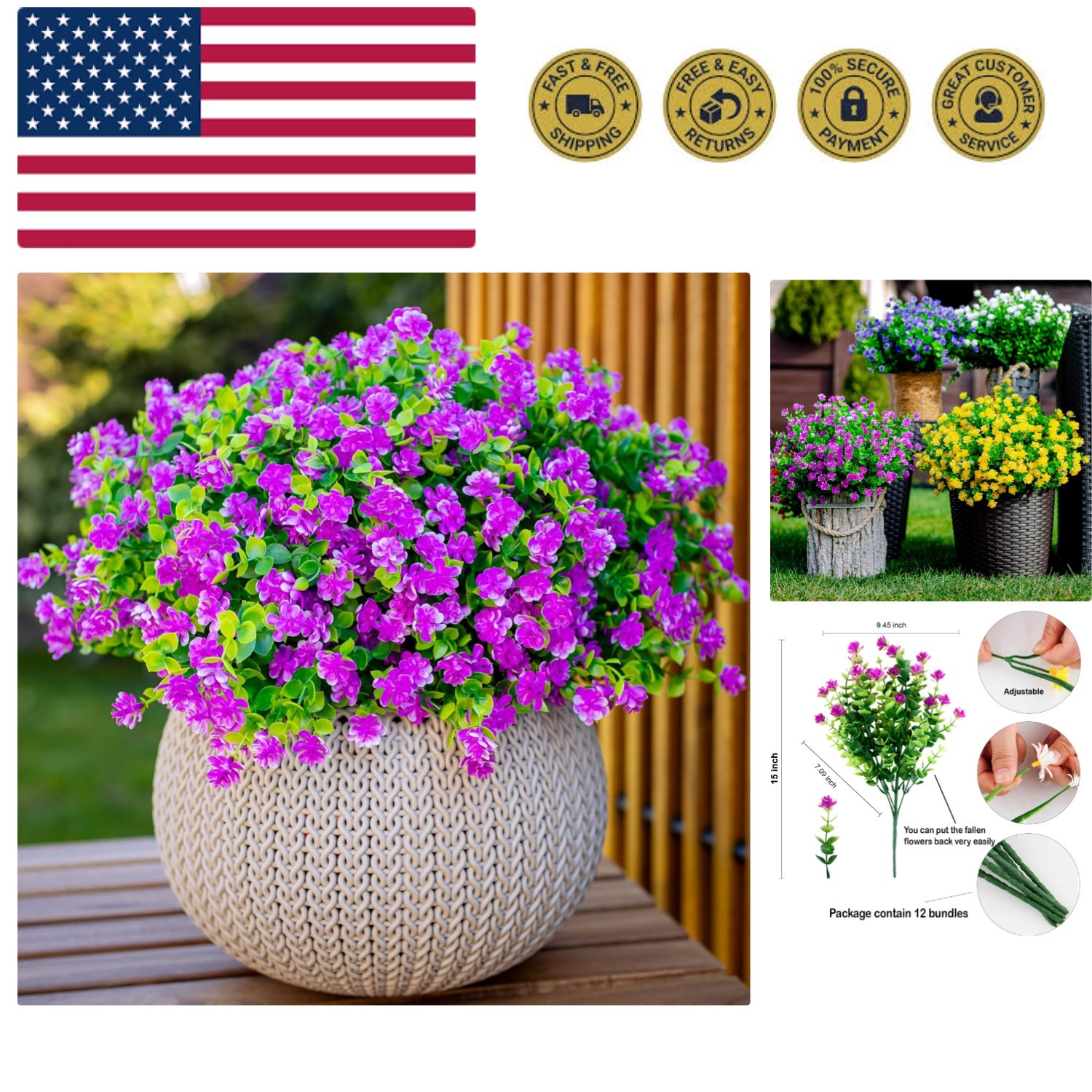 Outdoor Faux Plants – 12 Bundles of Mgenta Flowers for Porch & Patio Privacy