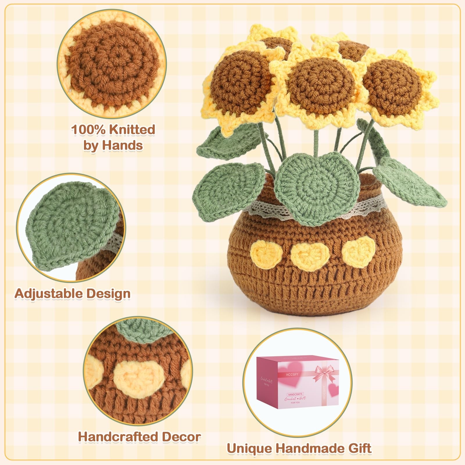 Yellow Crochet Sunflowers Potted Plant Knitted Flowers Bouquet Gift Box