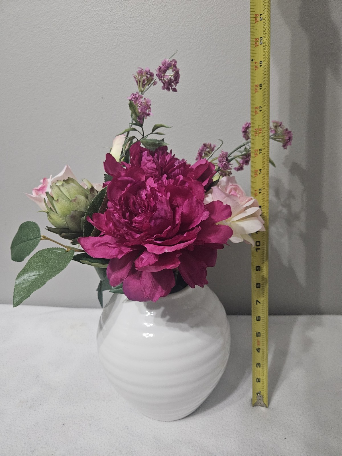 Vintage Flower Arrangements in White Ceramic Vase with Faux Water