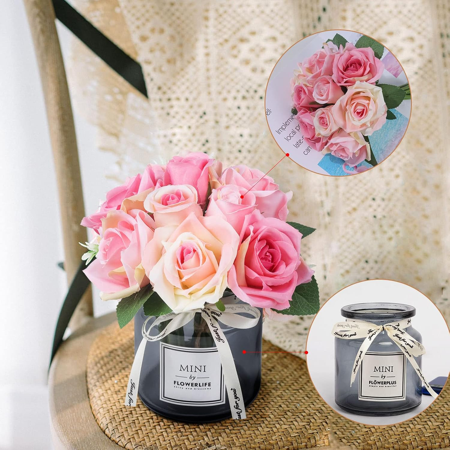 Artificial Flower and Glass Vase, Silk Rose Flower Glass Bottle Set, Suitable fo