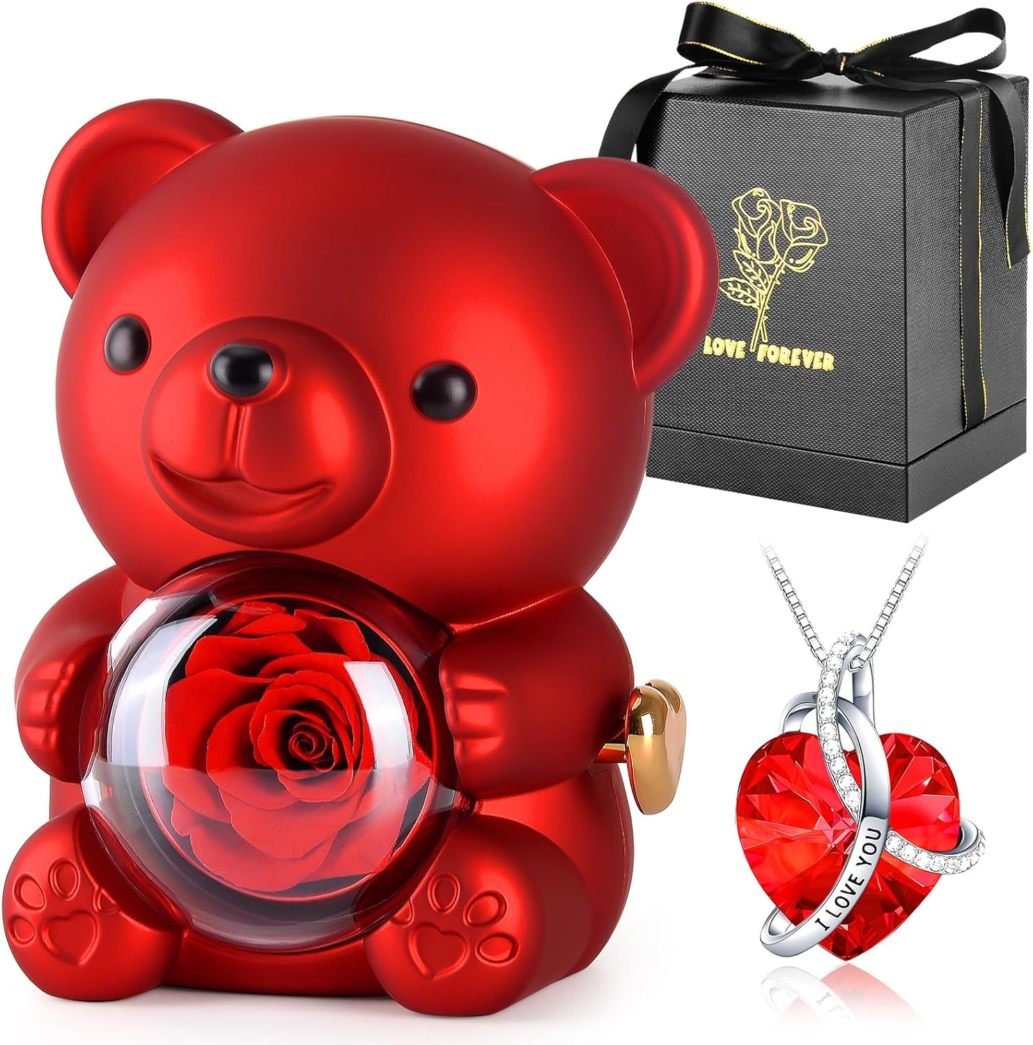 Cute Teddy Bear with Preserved Rose,Eternal Flowers Rotating Rose Box with Neckl