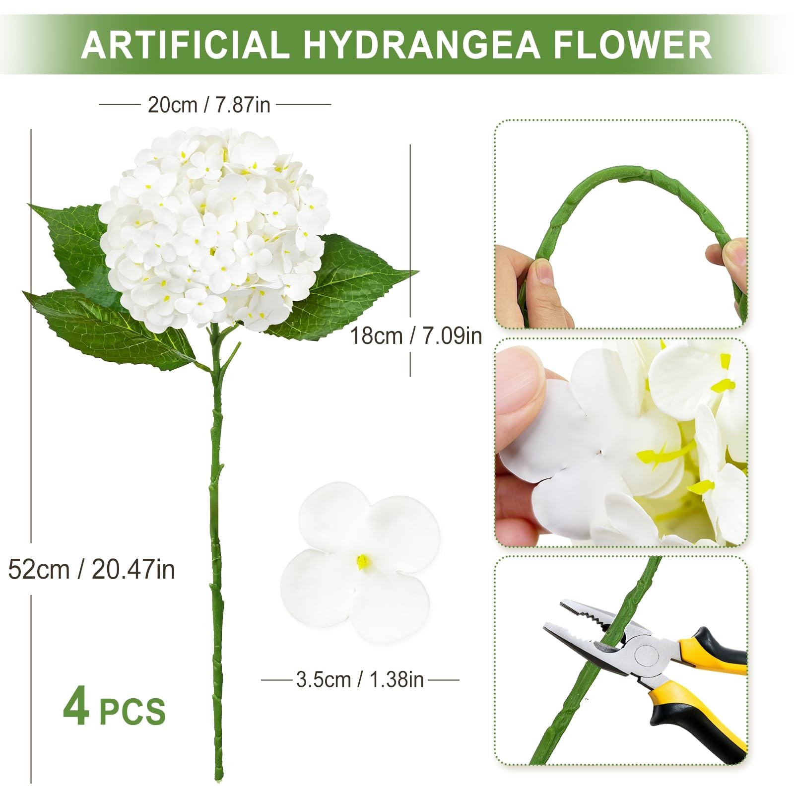 4 PCS Real Touch White Hydrangea Artificial Flowers 20.5 Inch Faux Bouquet Set