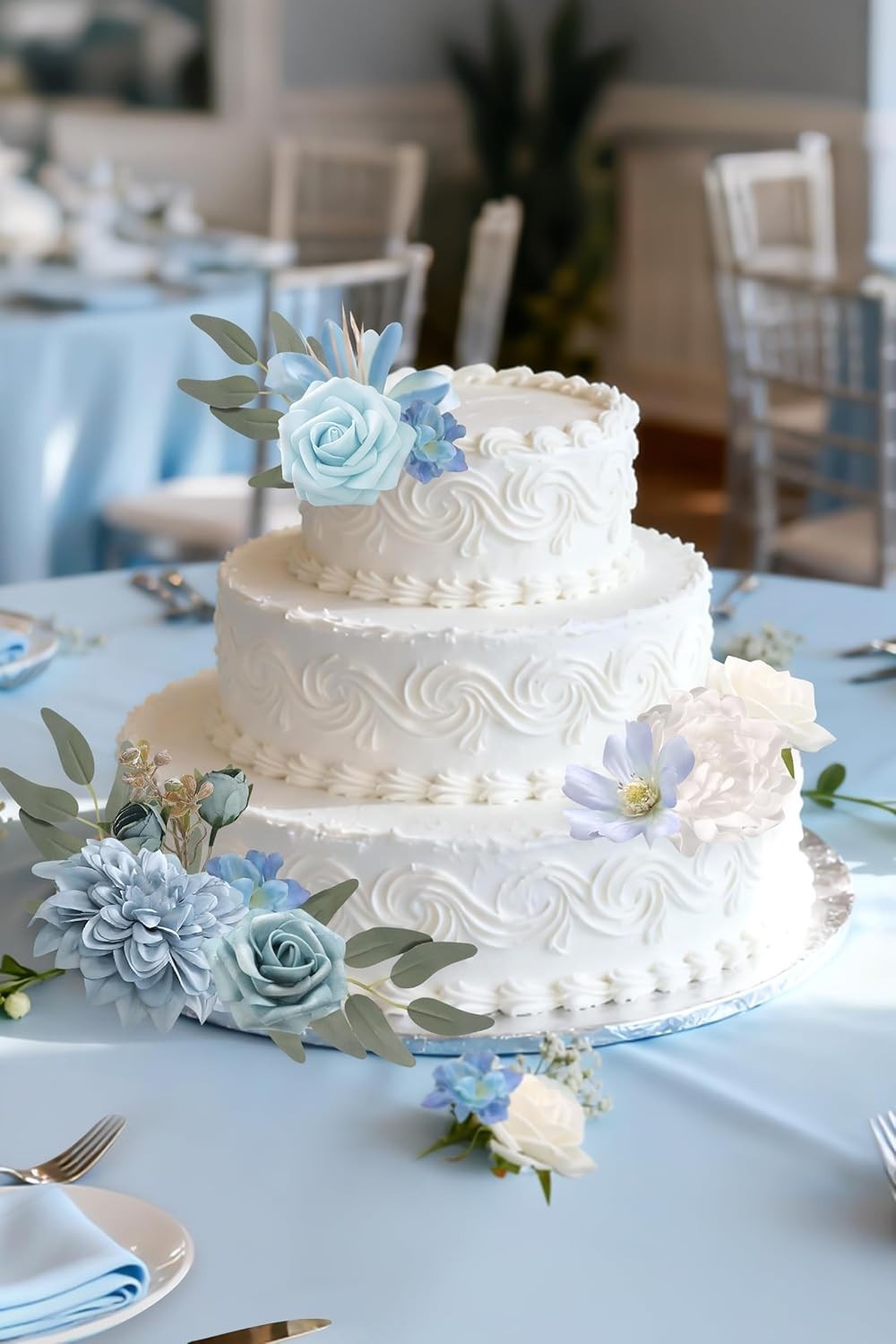 DIY Floral Arrangement Set with Blue Silk Flowers and Green Leaves for Parties