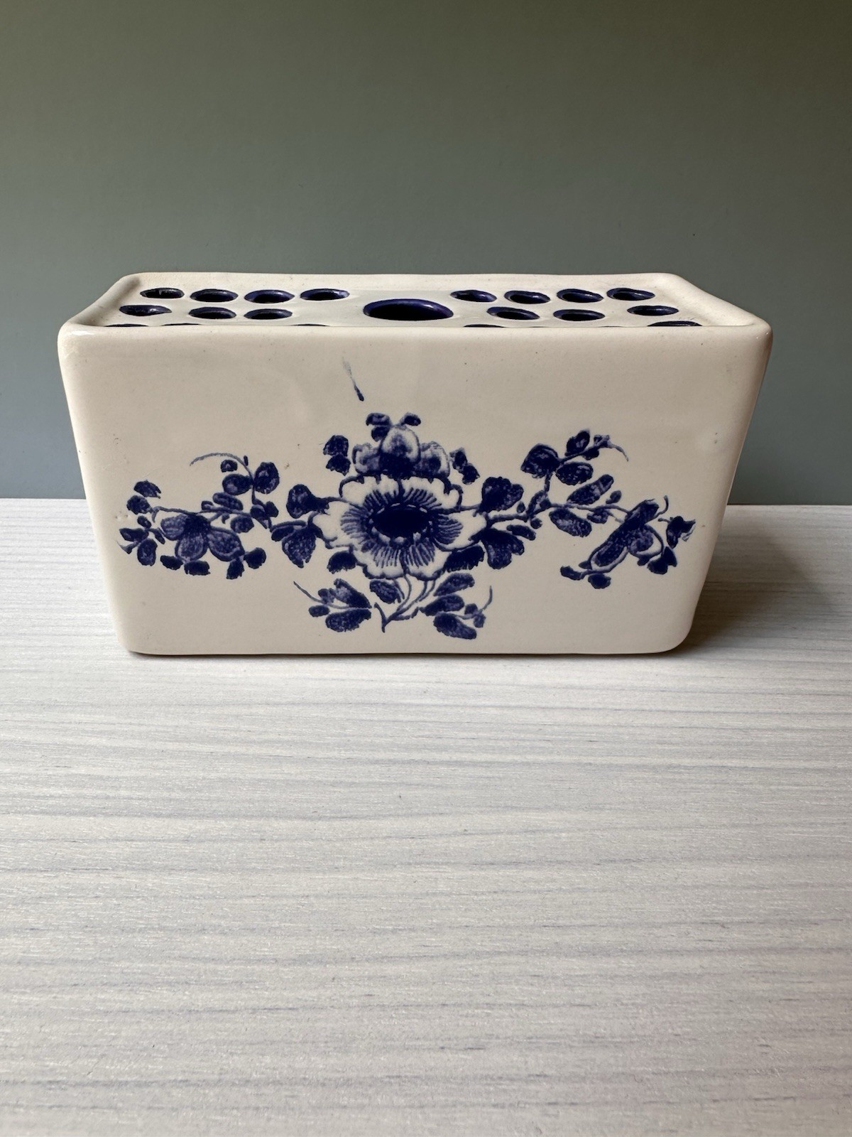 Hand Painted Ceramic Blue and White Flower Frog Vase, 1992 Made in Portugal