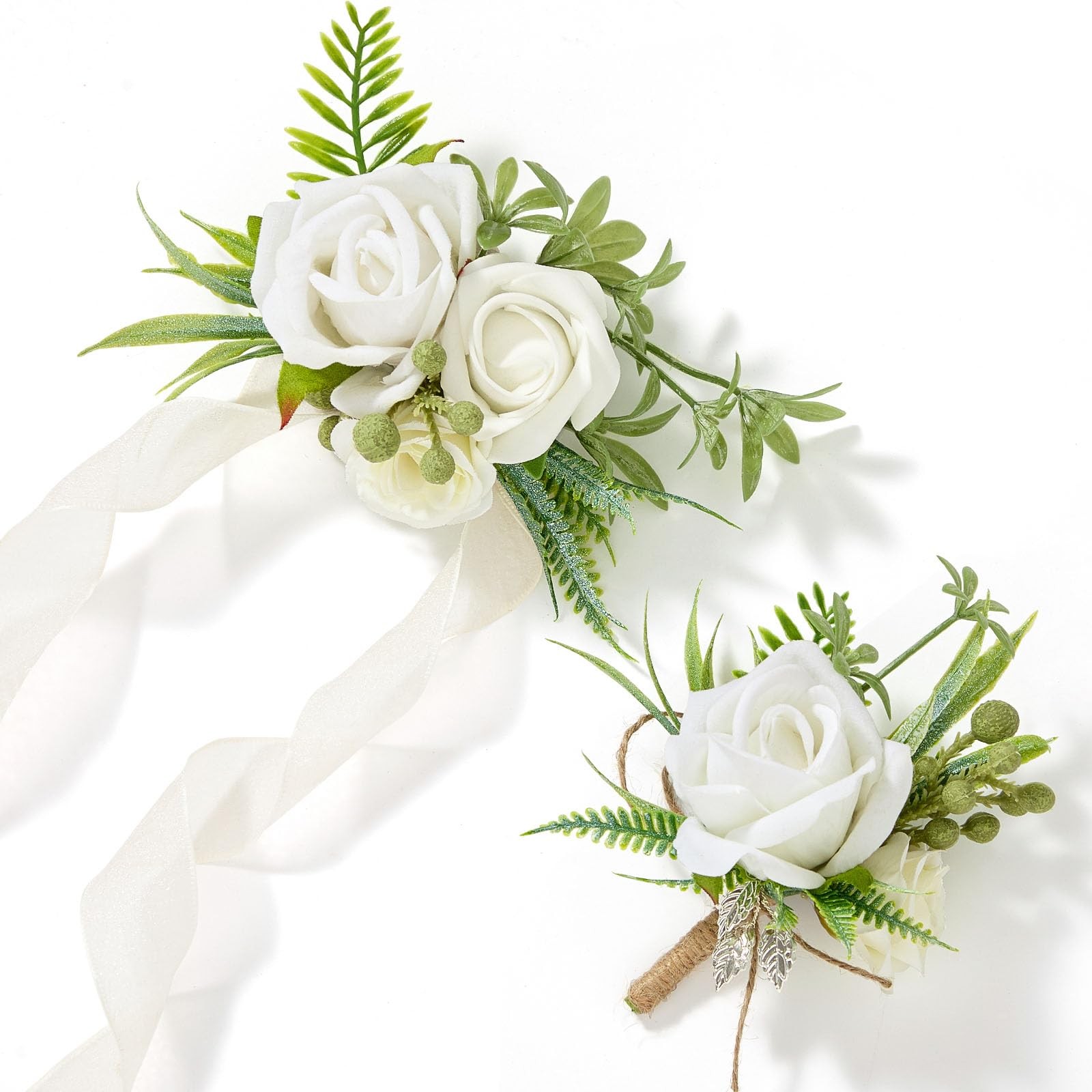 White Corsage Boutonniere Set Rose Bride Wrist Groom Wedding Prom Accessories