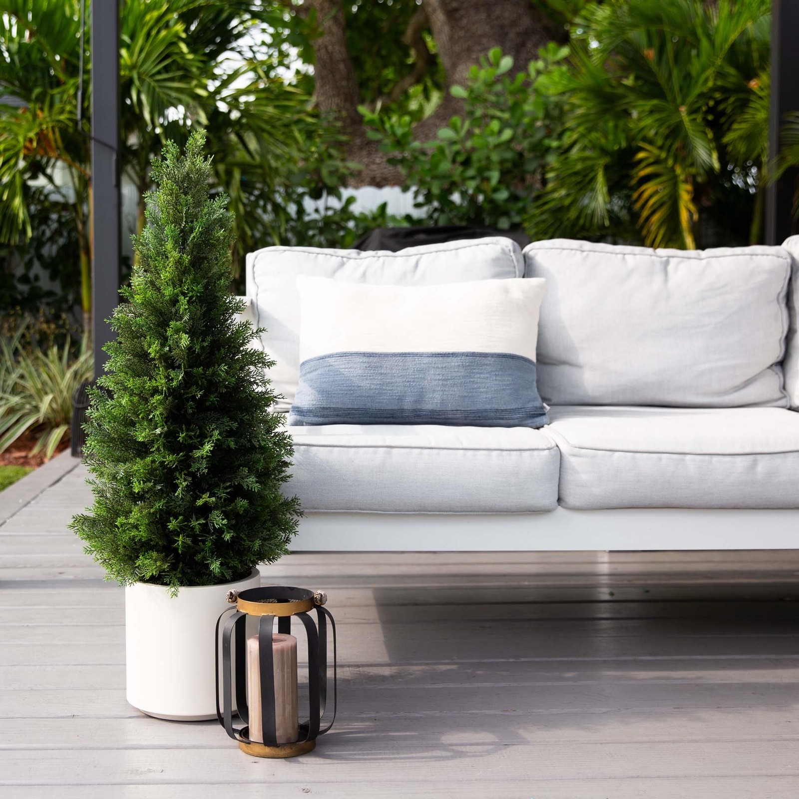 Nearly Natural 3ft UV Resistant Cedar Tree in White Planter in Green