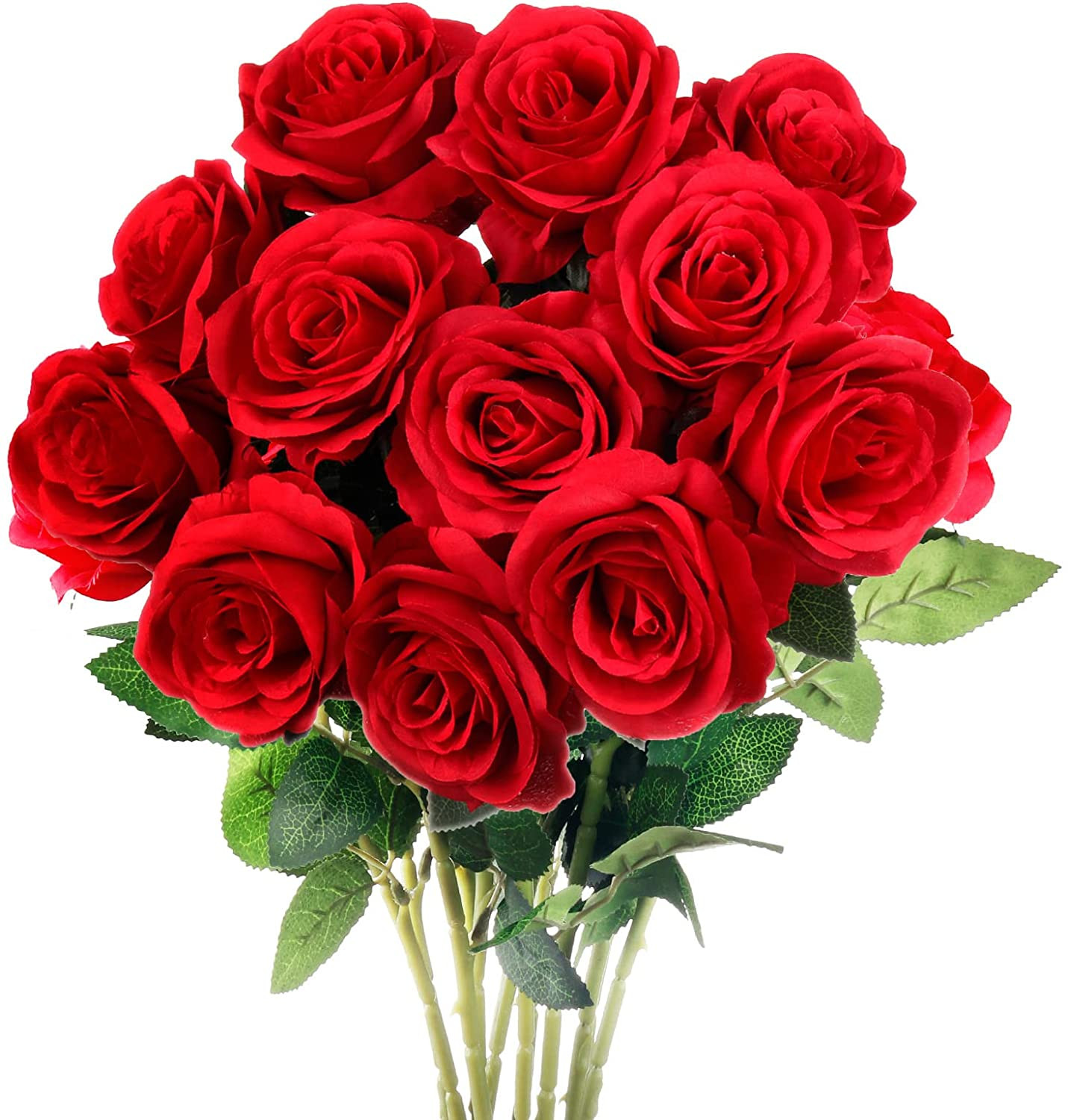 12PCS Red Roses Artificial Flowers, Fake Roses with Long Stems Realistic Silk Ro