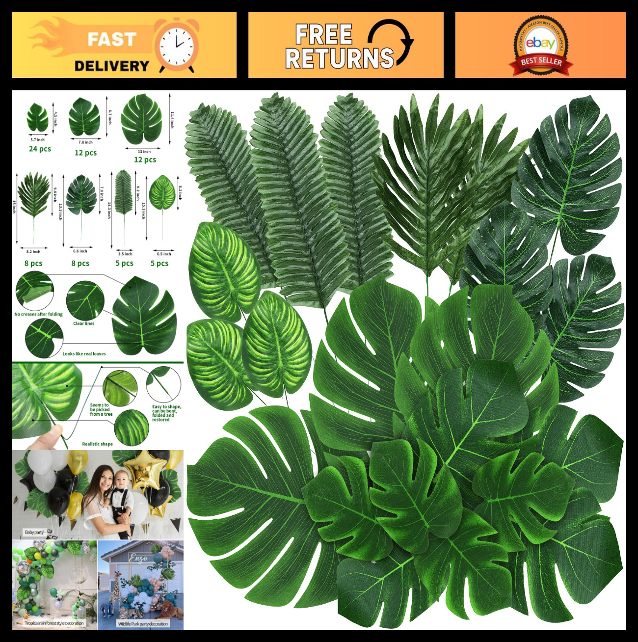 74 Pcs Tropical Artificial Palm Leaves & Monstera for Luau Party Decor