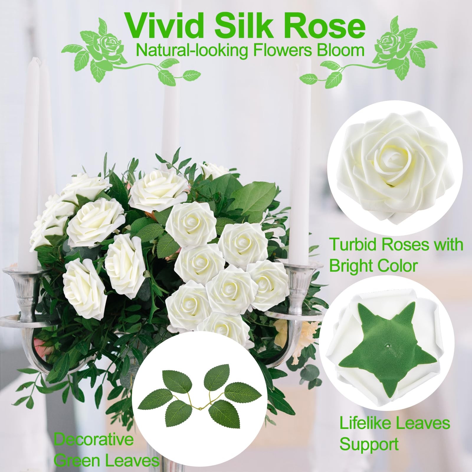 100Pcs Artificial Flower White Fake Rose for Wedding Centerpiece
