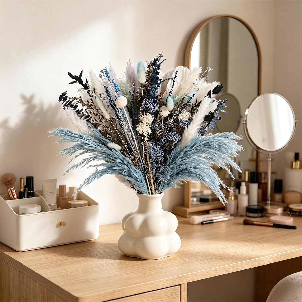 Dusty Blue Pampas Grass Arrangement, Blue and White Dried Flower Bouquet with…