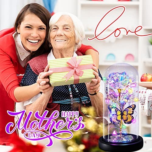 Light Up Galaxy Butterfly Rose in Glass Dome – Eternal Mother’s Day Gift for Mom