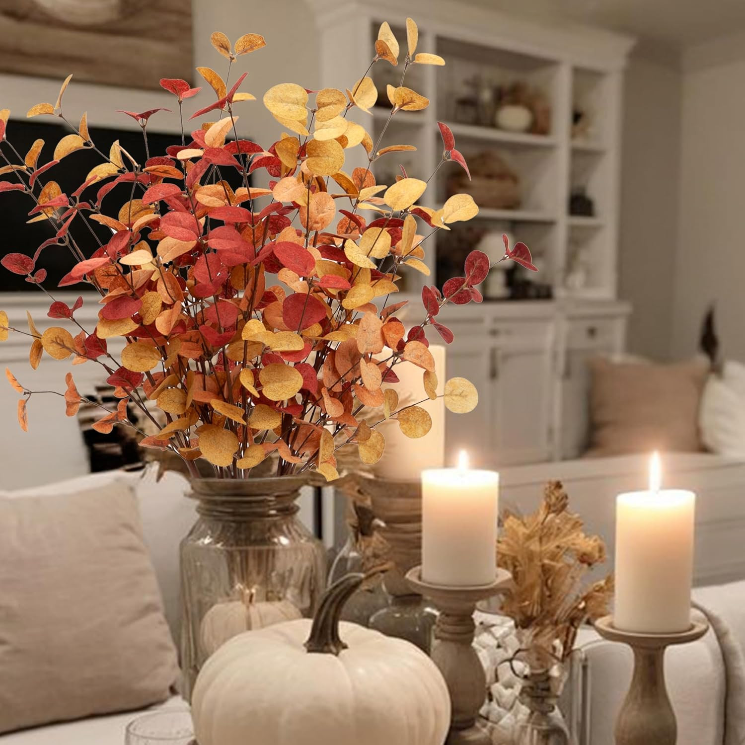 6 Pcs Artificial Eucalyptus Stems Fall Decorations with Fall Eucalyptus Leaves A
