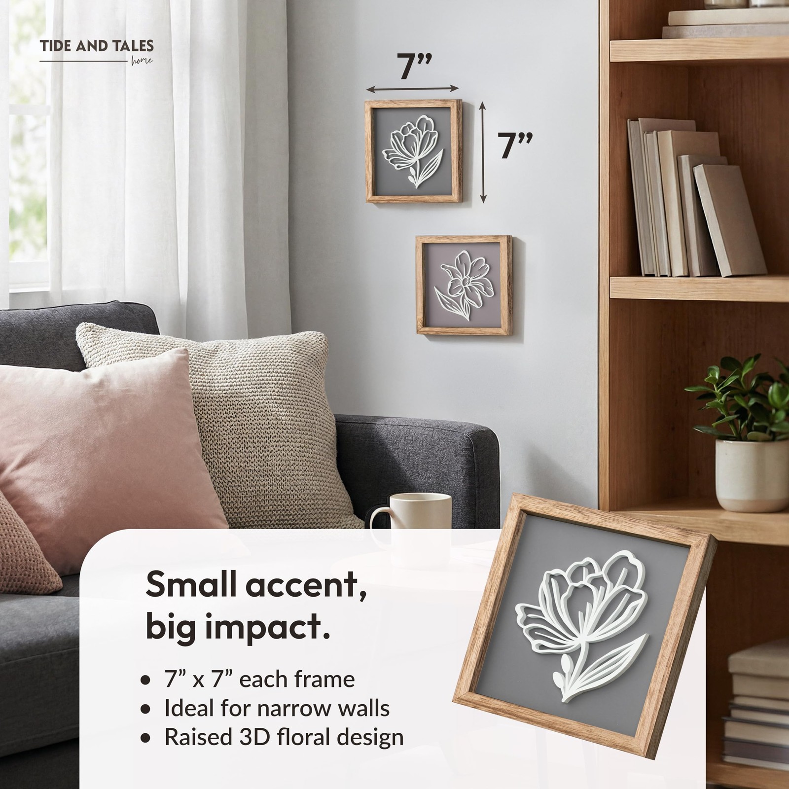 Tide and Tales 3D Botanical Floral Wall Art (Framed Set 7″ x 7″, Stone & Clay