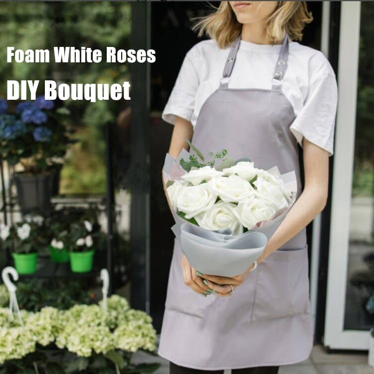 100Pcs Artificial Flowers Ivory White Fake Foam Roses with Stems