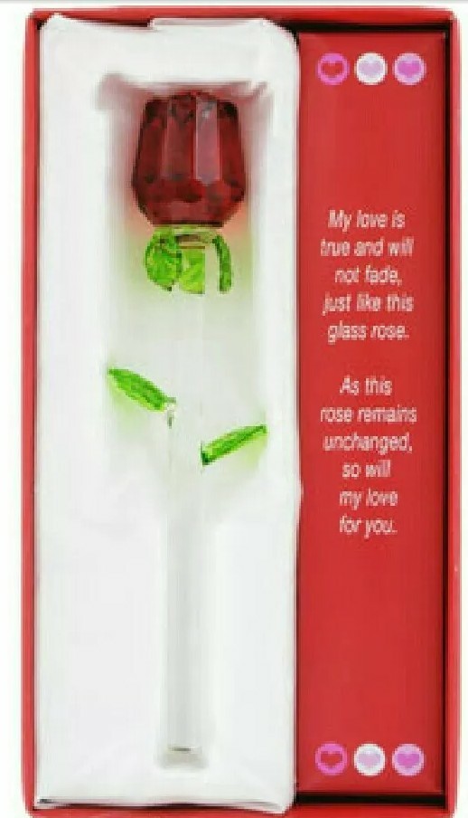 Long Stem Red Rose Eternity Glass Rose Flower With Green Leaves Collectible ⚘️