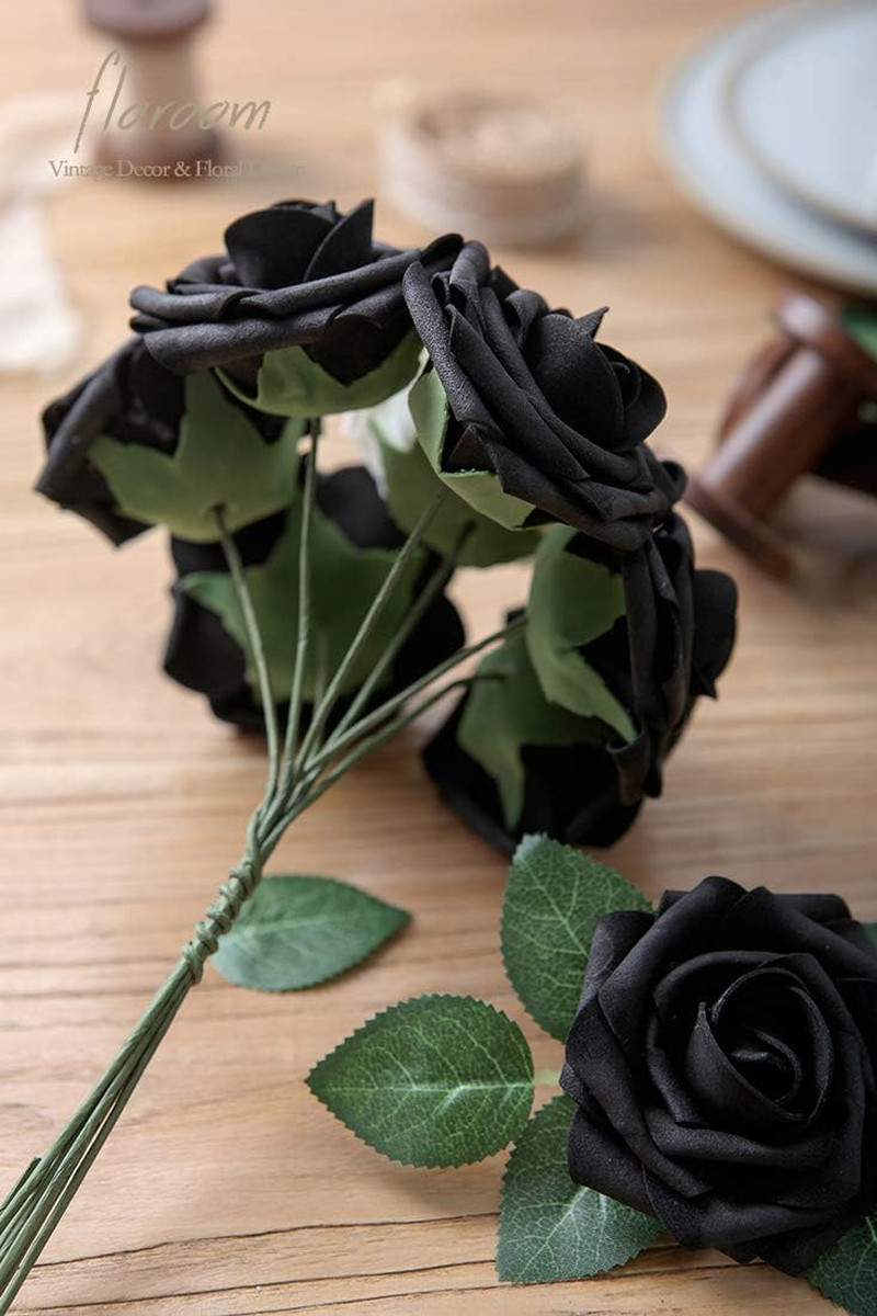 Artificial Flowers 25Pcs Real Looking Black Foam Fake Roses with Stems for DIY W