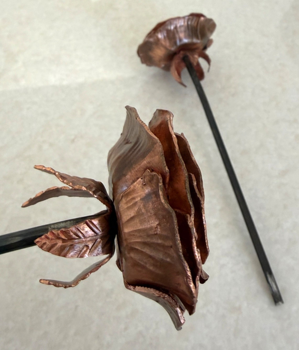 Copper-Tone Metal Rose Sculpture Pair 7” 9” Handcrafted Floral Decor