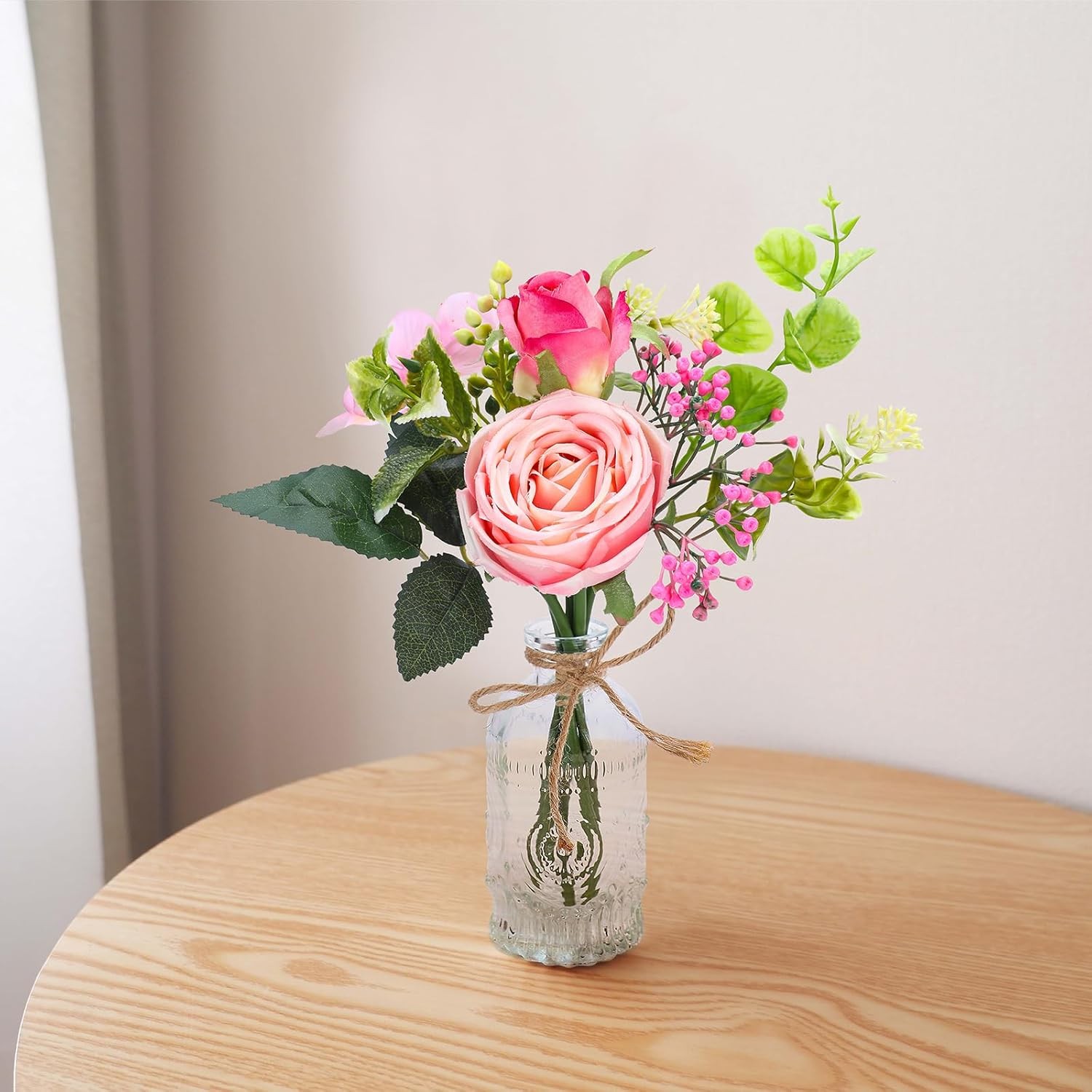 Flowers Bouquet in Small Vase – Pink Rose Artificial Fake Centerpiece Potted