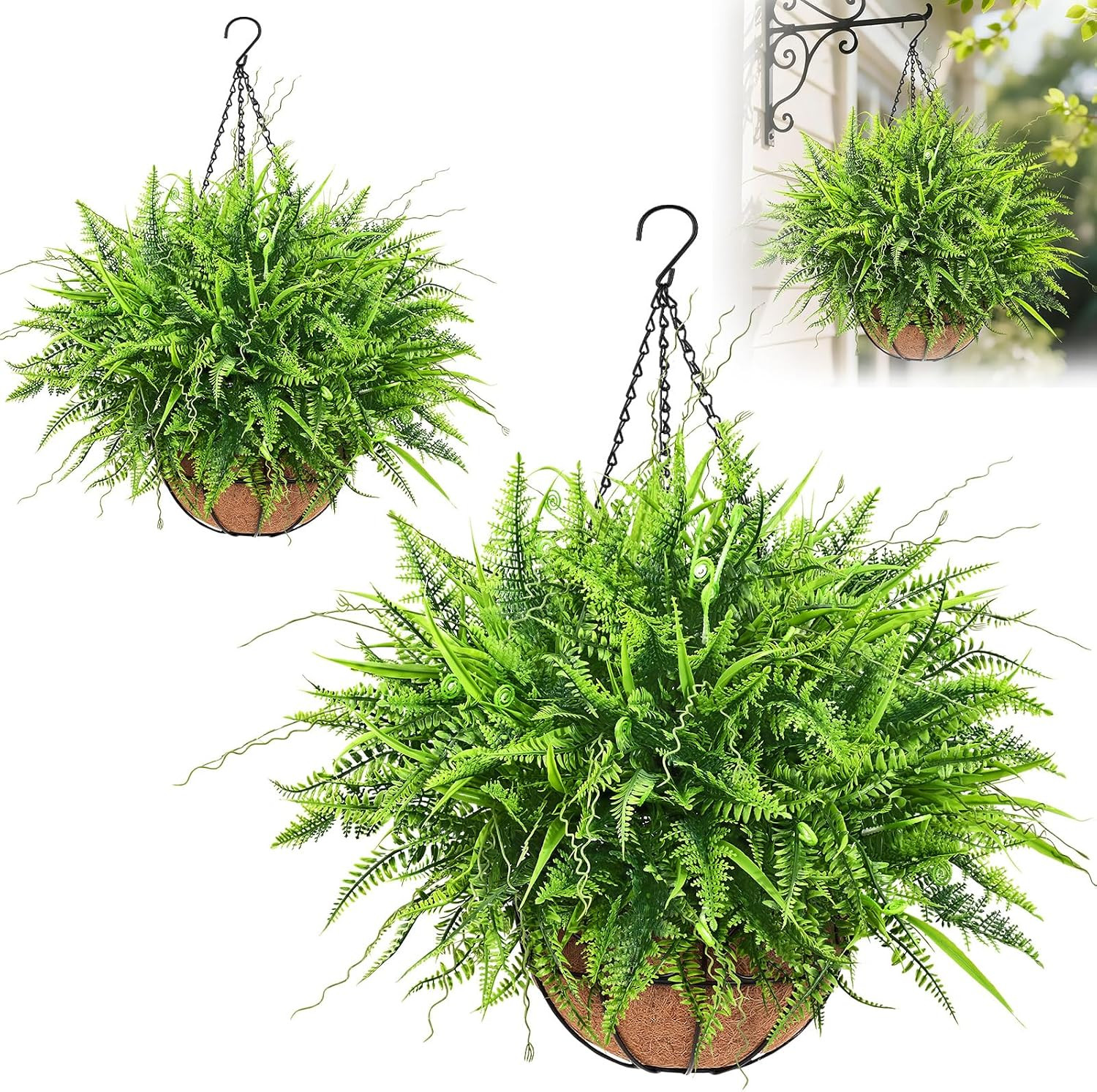 2 Pack Artificial Hanging Ferns for Outdoors, UV Resistant Fake Mixed Ferns with