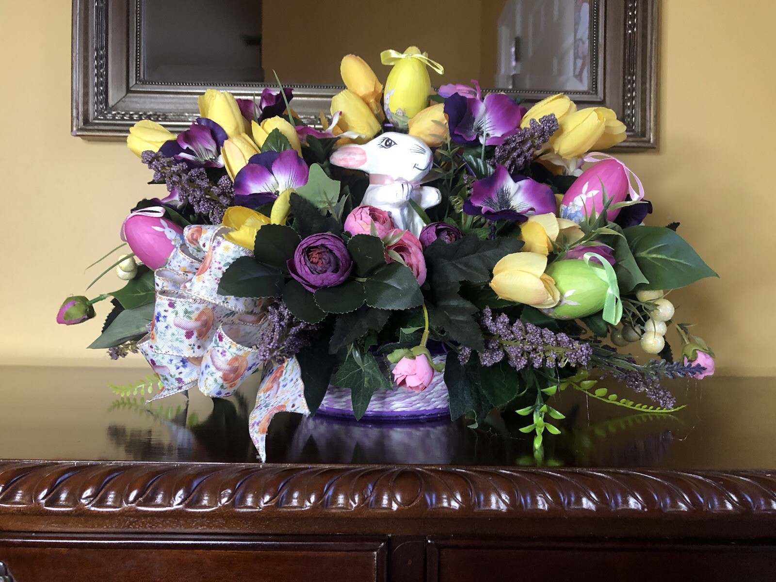 Spring Floral Arrangement. Easter Floral Arrangement Purple And Yellow Flowers