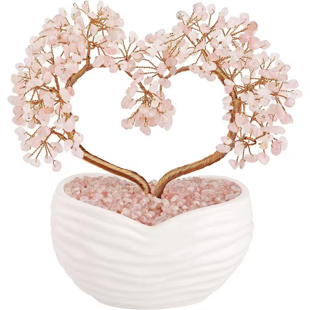8 Ft. Artificial Rose Quartz Crystal Heart Bonsai Tree in White Ceramic Containe