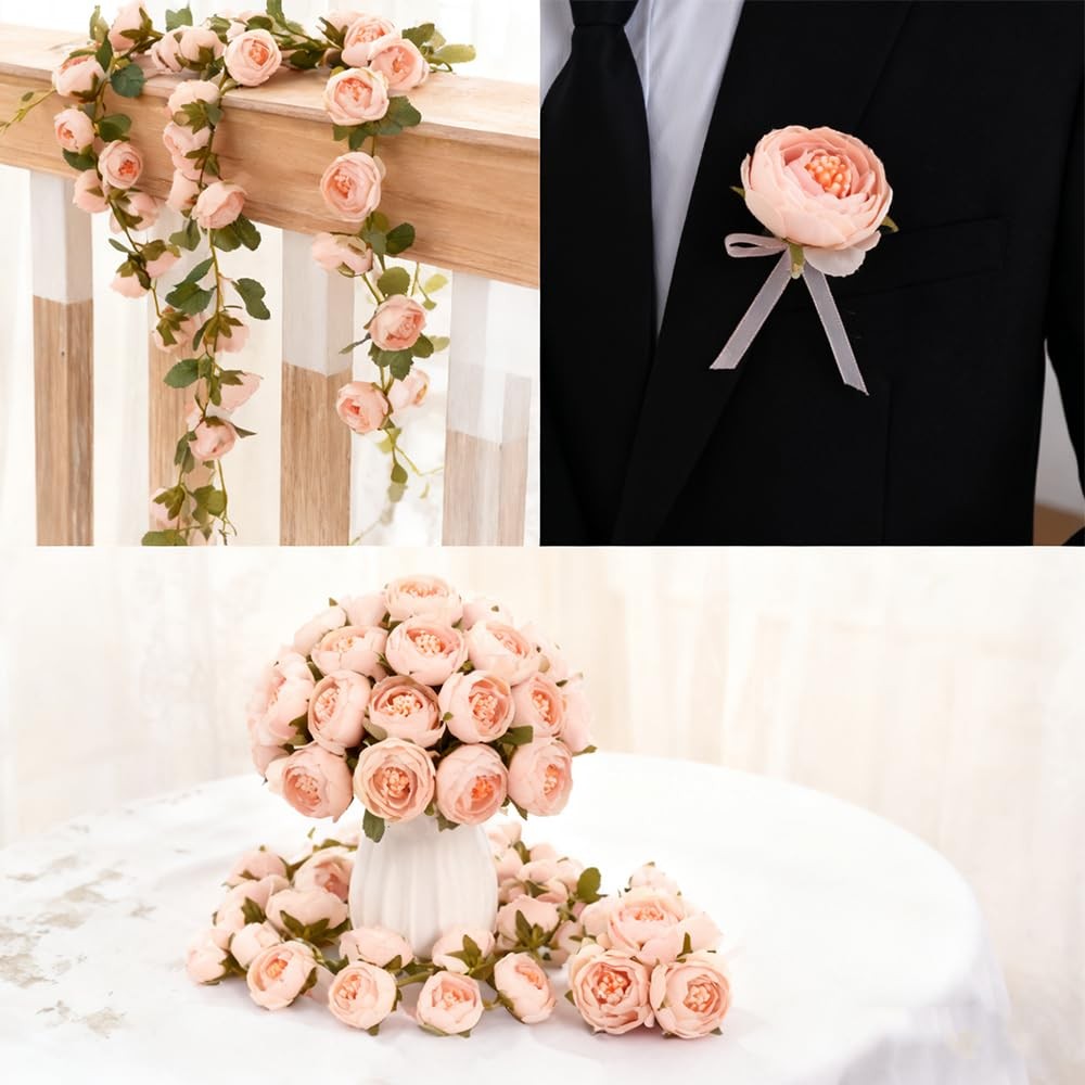 Artificial Peony Flower Heads, Cream White with Peach Center, Silk Fabric wit…