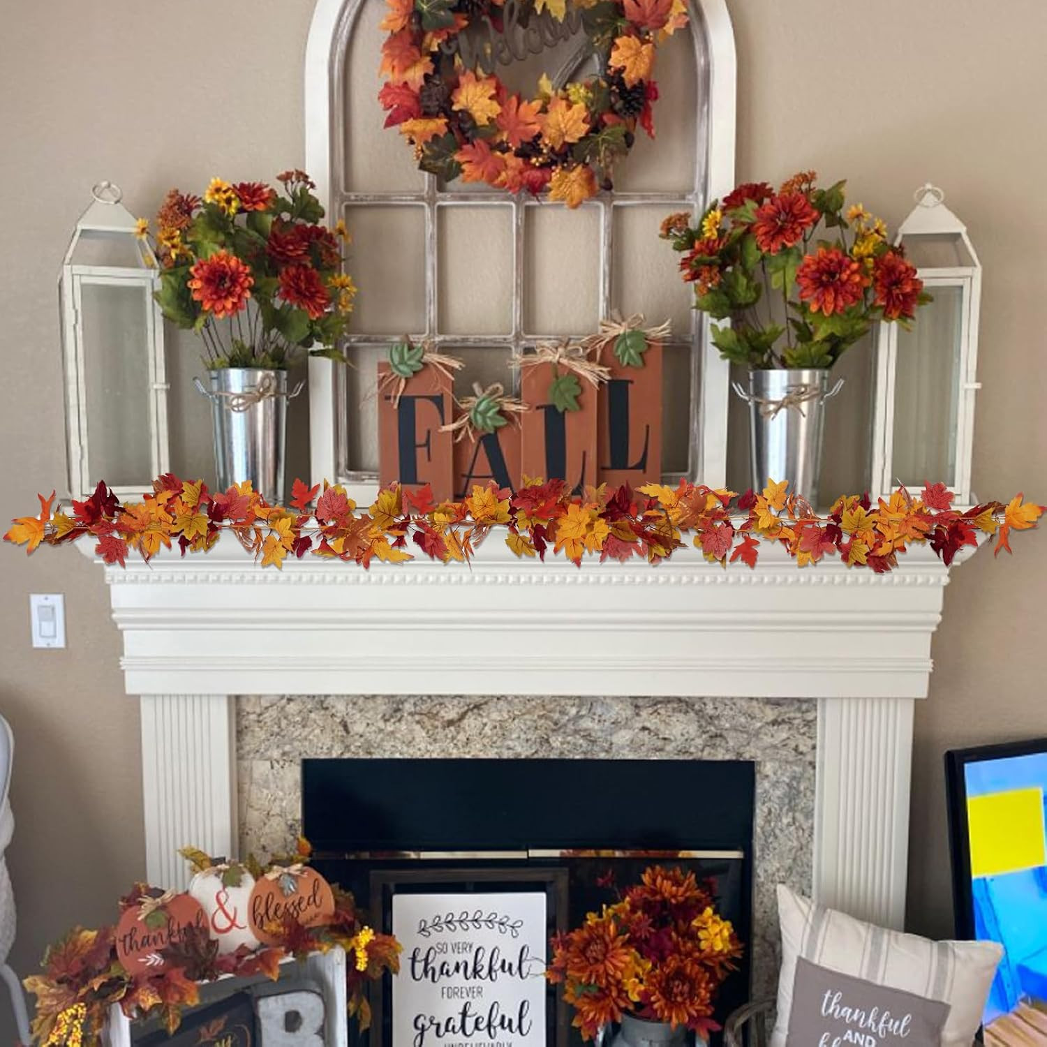 11.6Ft(2Pcs*5.8Ft) Fall Artificial Maple Leaves Garland Decorations | Thanksgivi