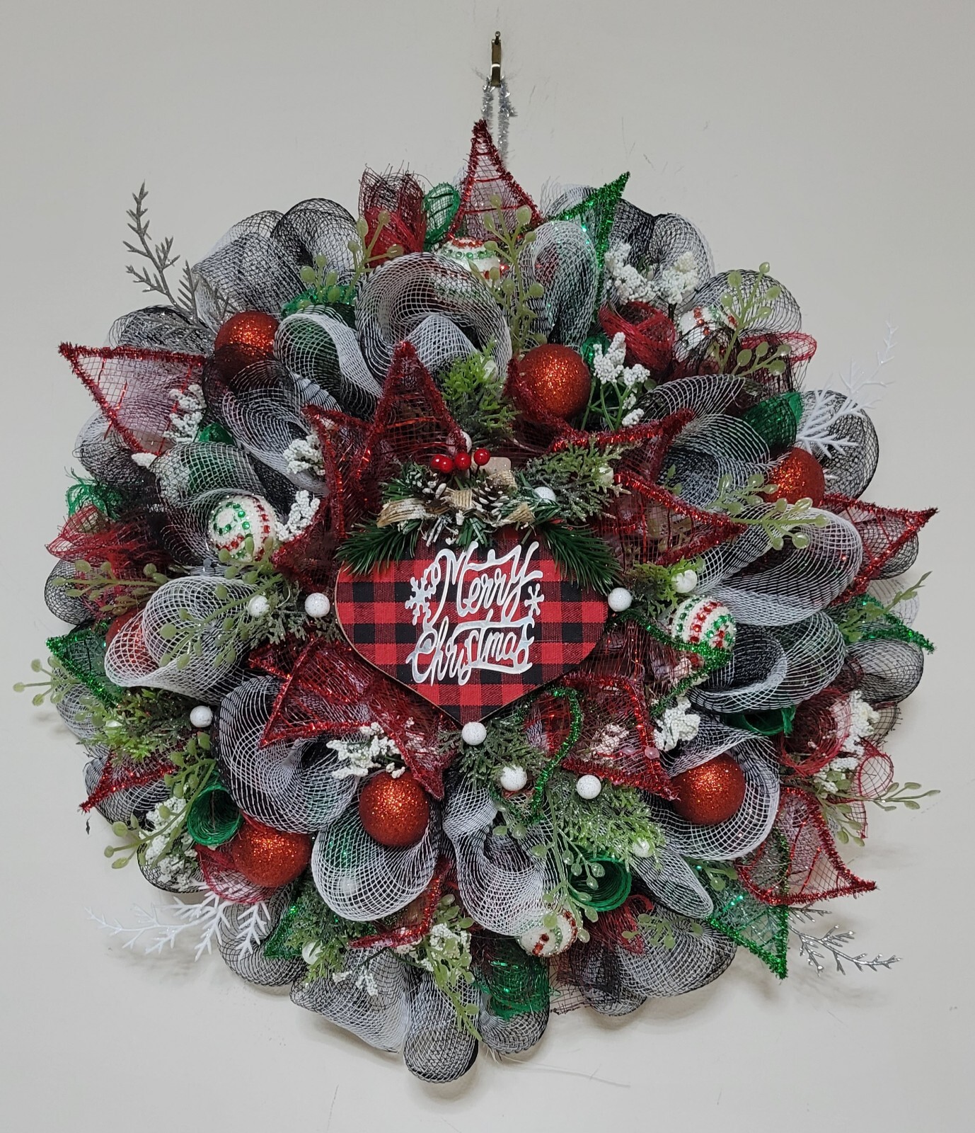 Merry Christmas Mesh Front Door Wreath Wall Decoration red green white black
