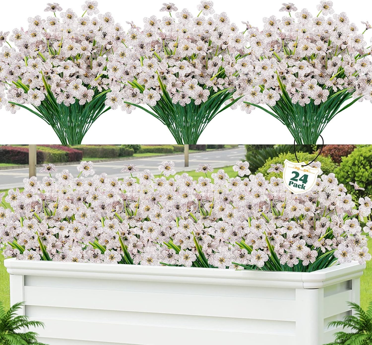 24 Pcs Artificial Flowers UV Resistant, Faux Plastic Shrubs Outdoor Decor