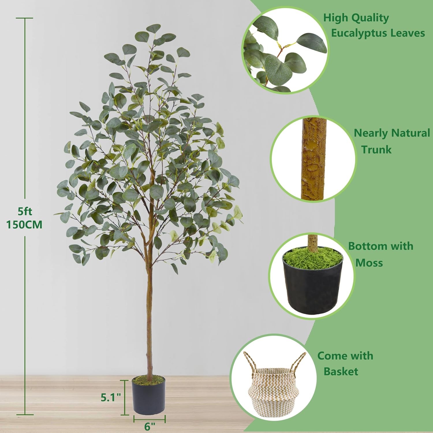 Artificial Eucalyptus Tree, 5ft Tall Mordern Fake Eucalyptus Plant with Basket,