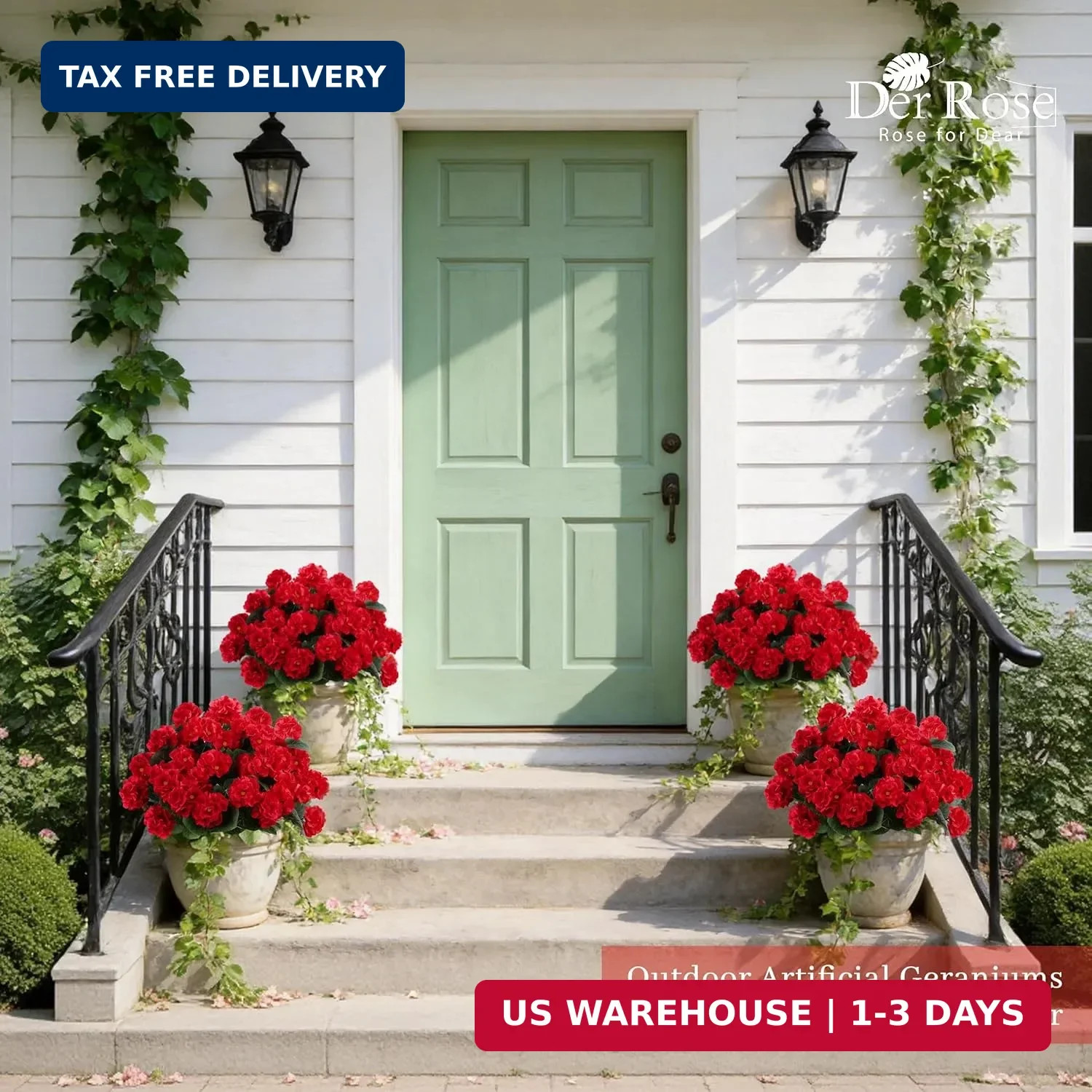 Der Rose 6 Pack Red Artificial Geraniums Flowers for Outdoors UV Resistant Faux