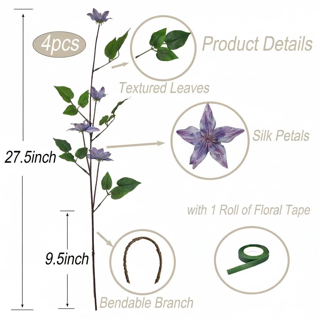4pcs Artificial Clematis Stems, Blue Purple Flower Branches, 27.5″