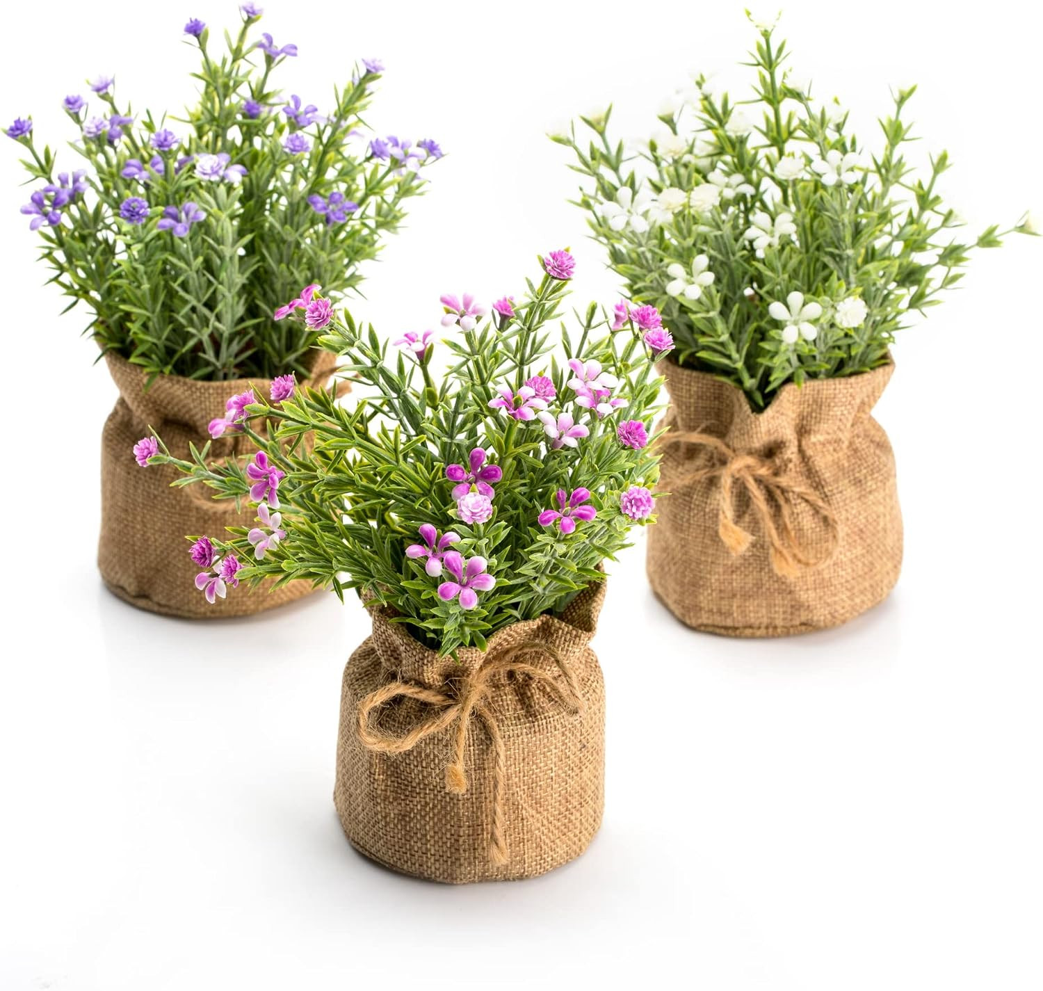 Babys Breath Artificial Flowers in Small Burlap Bag Vases 3Pcs -Gypsophila Fa…