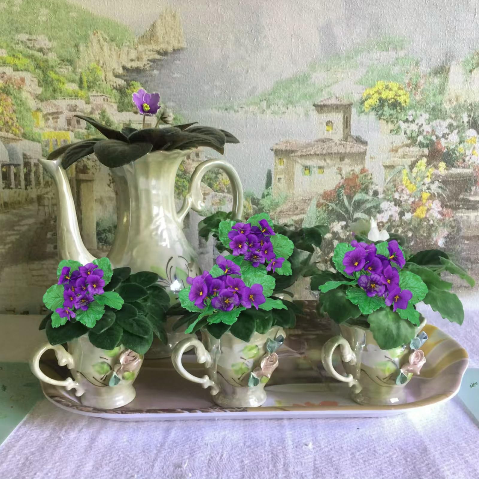 6 Pack Purple African Violet Artificial Silk Flower Bushes Individual Artific…