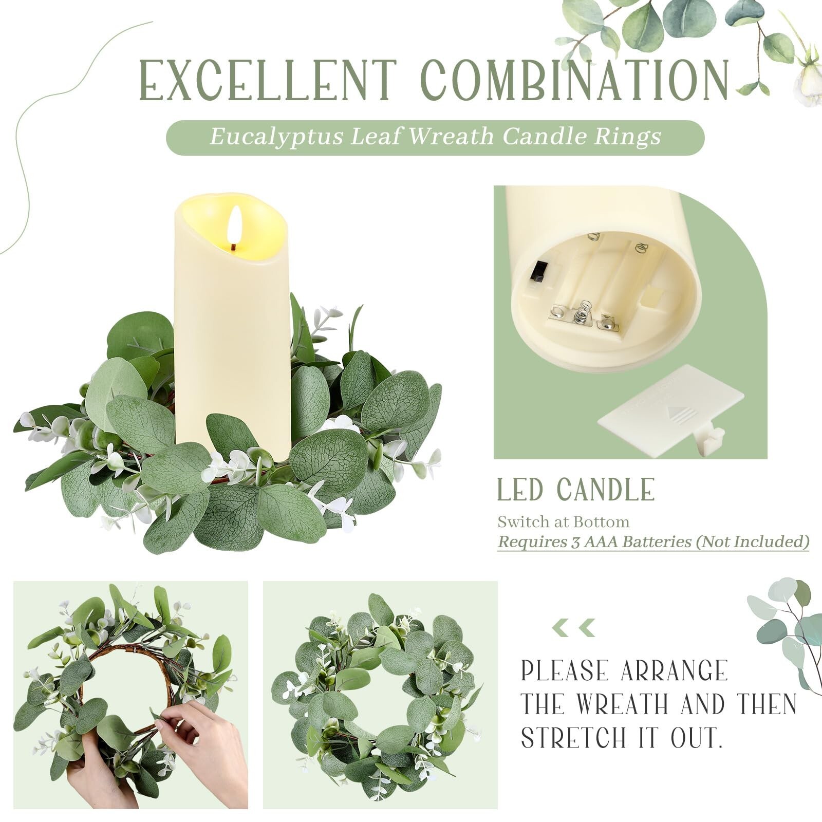 VIHOSE 20 Pcs Candle Rings Artificial Eucalyptus Leaves Wreaths with Flameles…