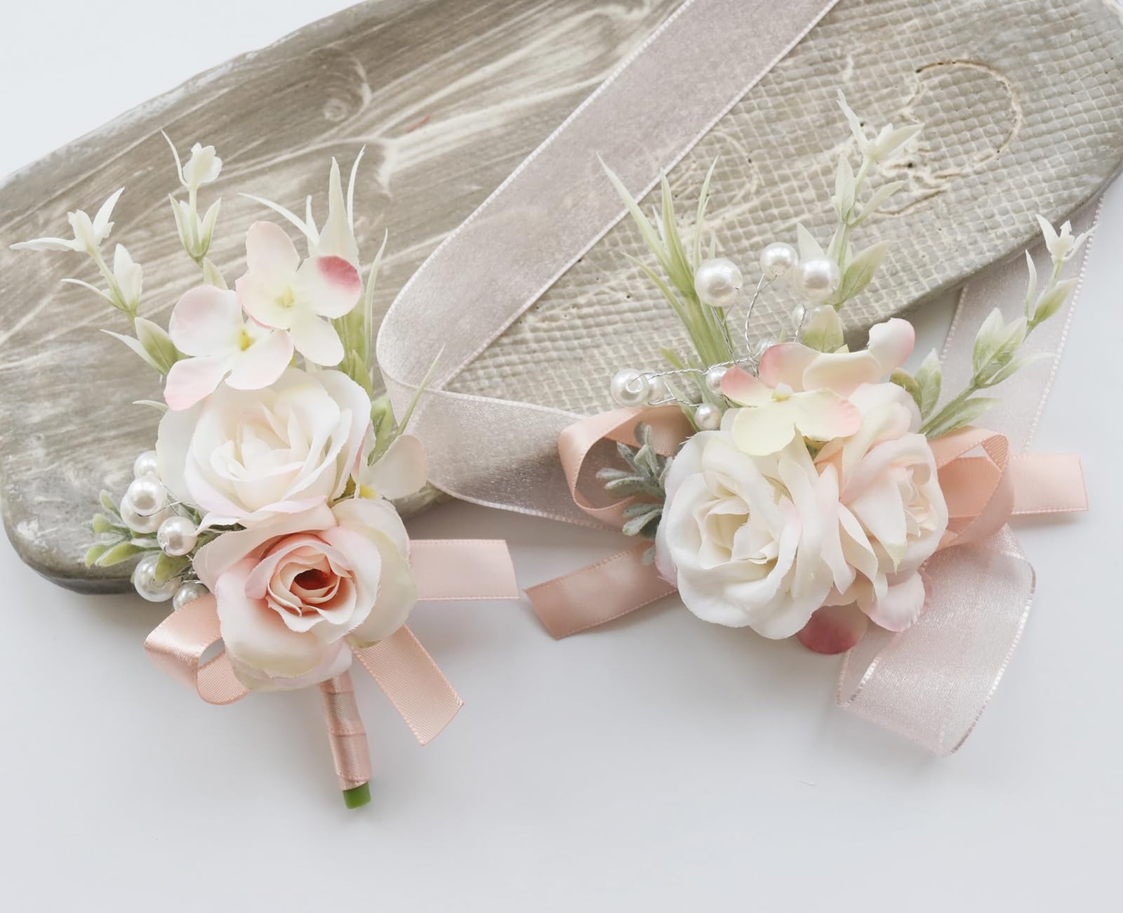 2 PCS Pale Pink Men Boutonniere Corsage Set Groom Groomsmen Wedding Prom Suit