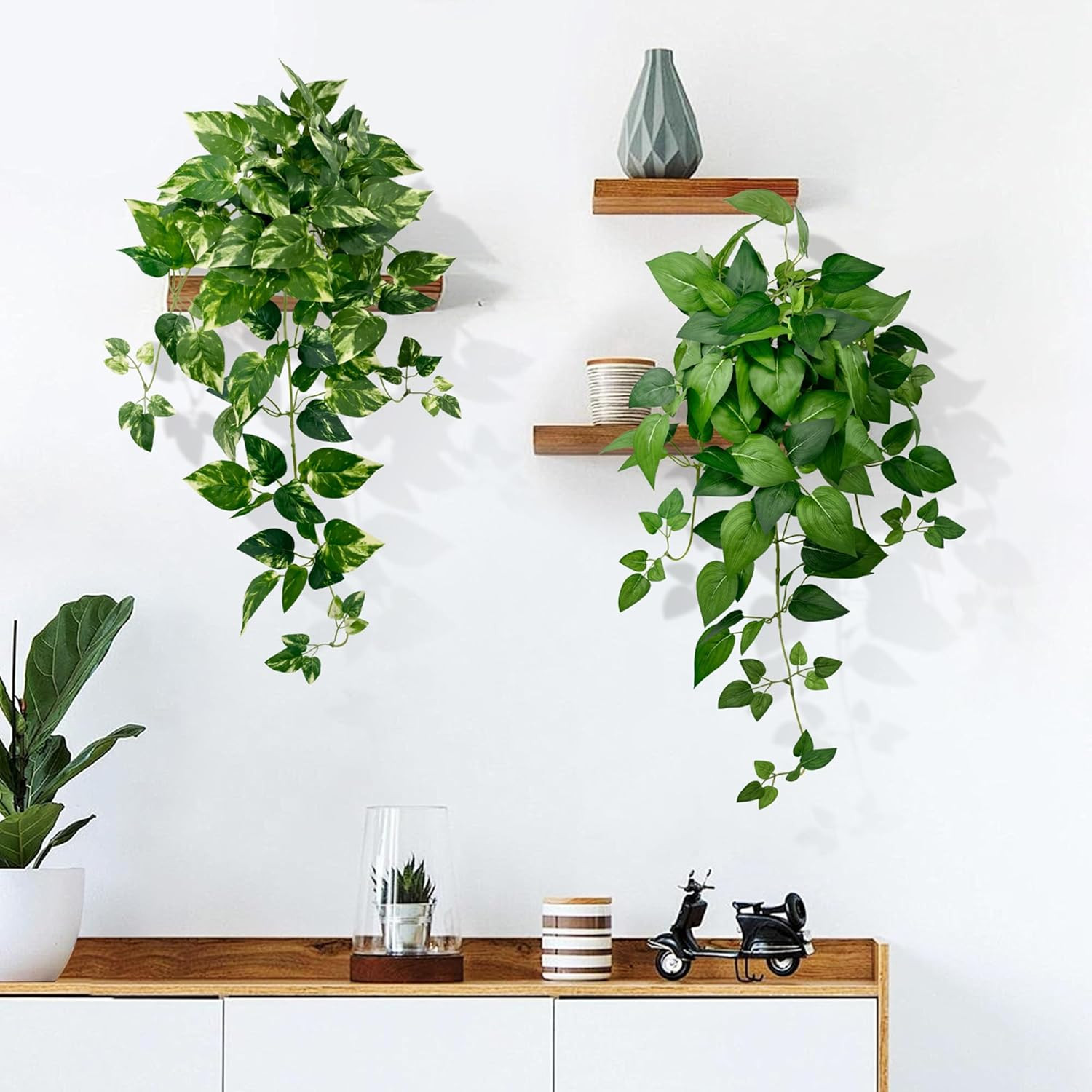 Artificial Hanging Plants with White Pots –2 Pack Fake Pothos Potted Plants Faux