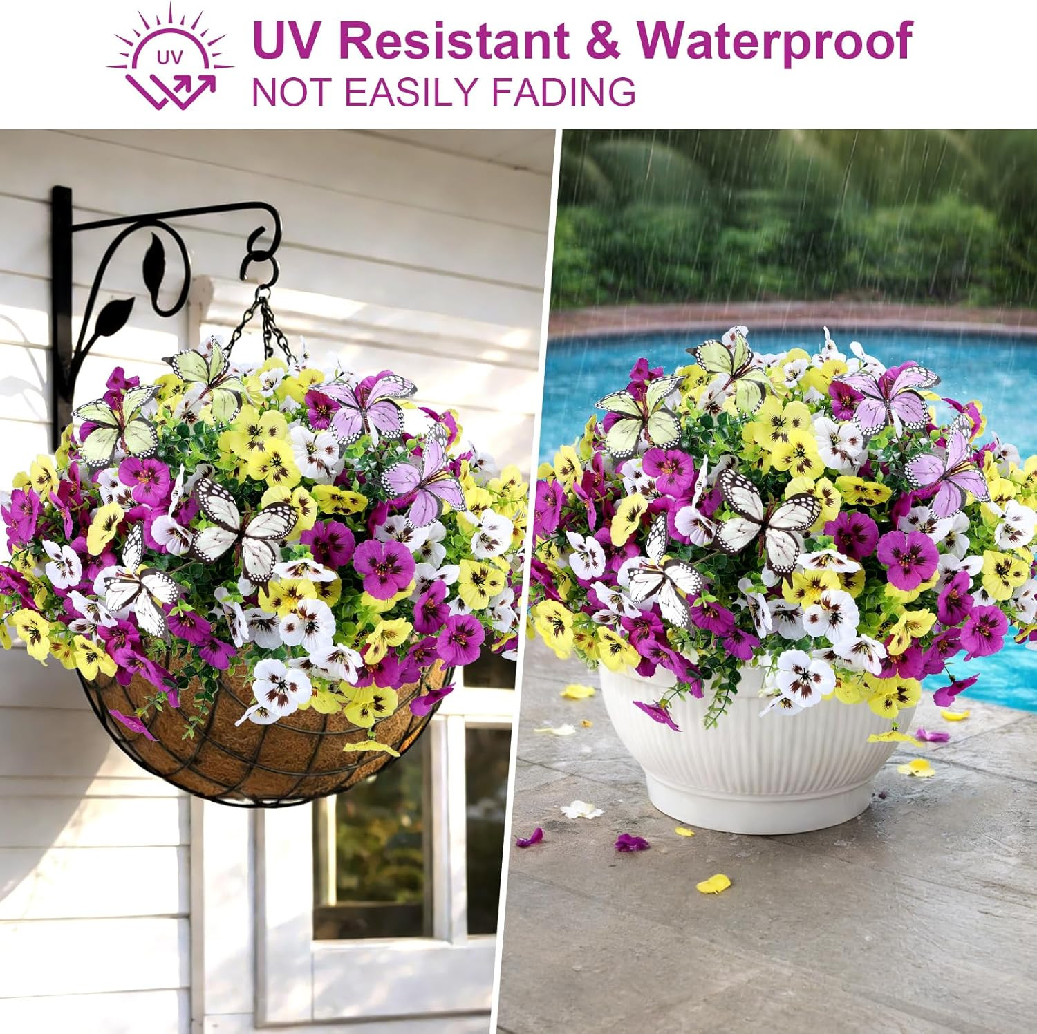 Artificial Flowers for Outdoor, 18 Bundles UV Resistant Faux Silk Pansy Flowers