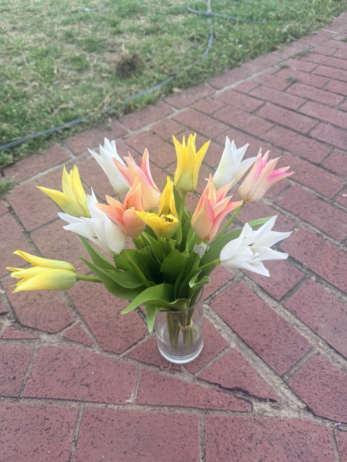 Bundle of 6 Lily Flower Tulips, Peach Yellow and White Artificial Flowers