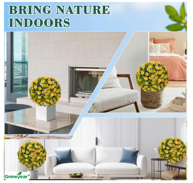 Fall Artificial Topiary Ball with Spike Set of 2, Faux Boxwoods Yellow