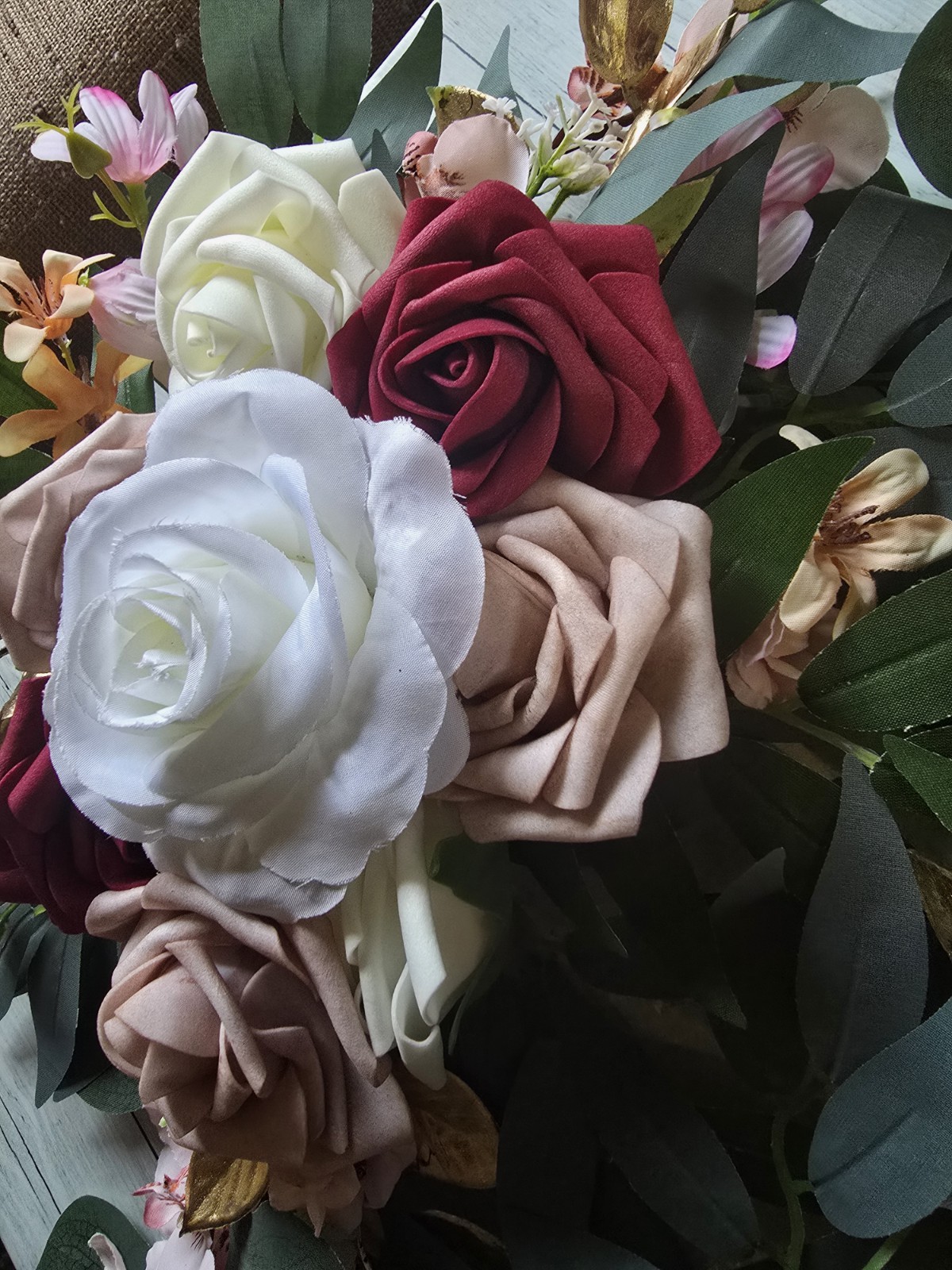 Artificial Rose & Eucalyptus Floral Swag Door Decoration Red White Green Gold